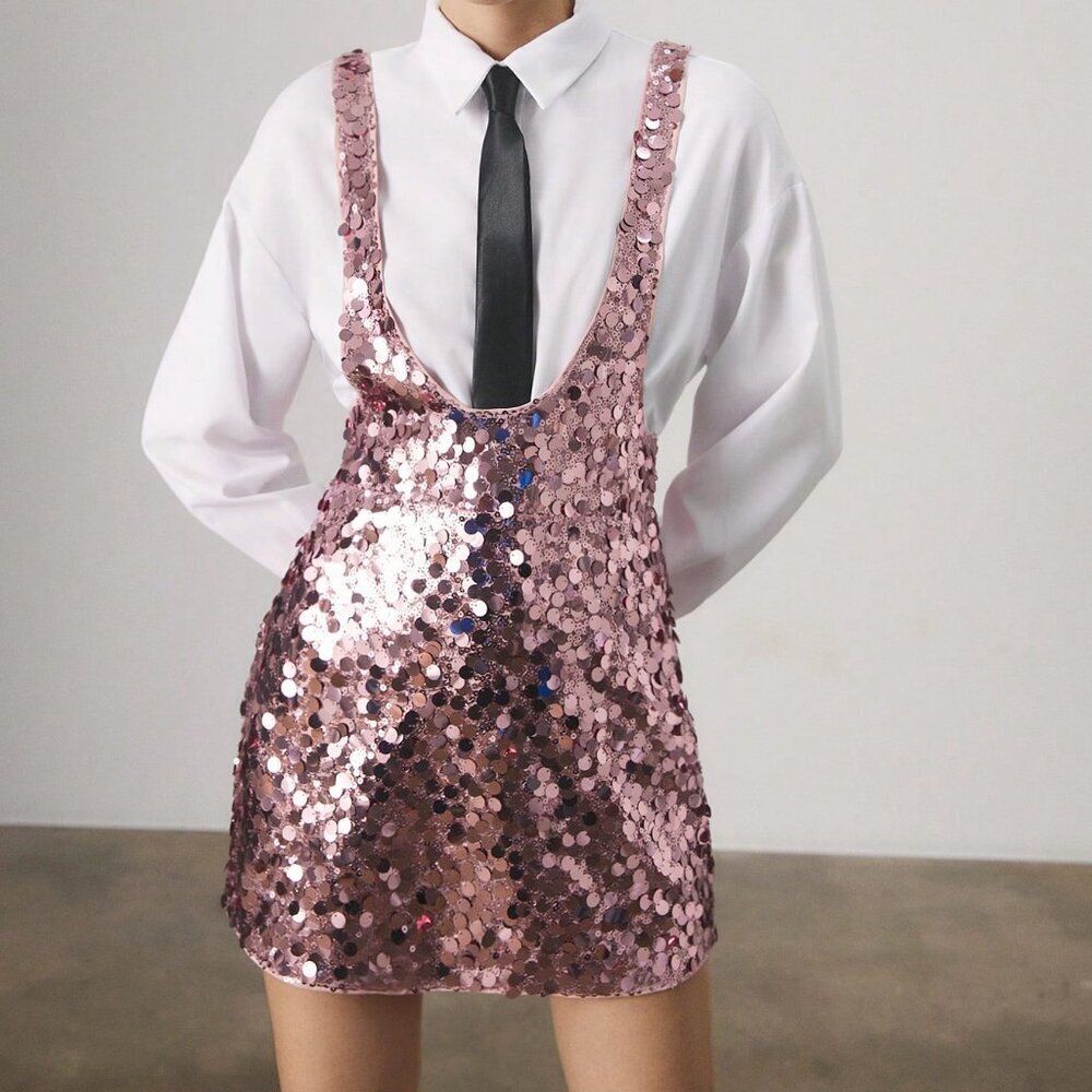 Pink Casual Women's Sequin Strap Sequined Mini Dress - Picture 5 of 5